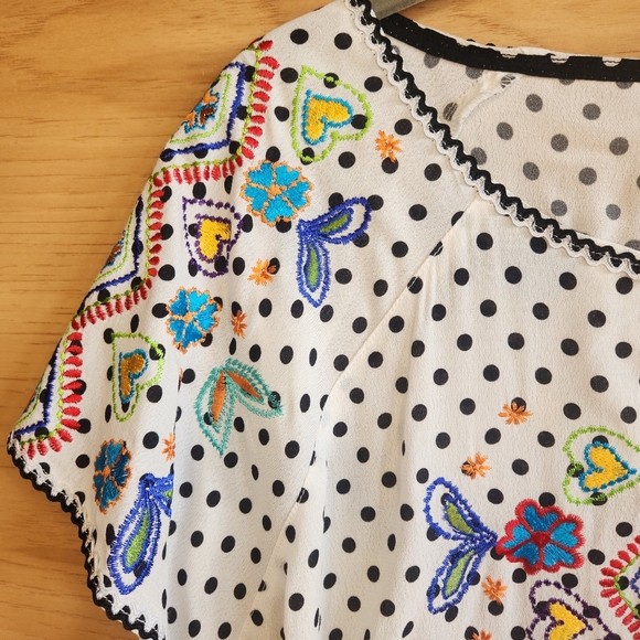 JOHN MARK EMBROIDERED SHORT SLEEVE COLORFUL PEASANT TOP BLOUSE TASSLE TIE MEDIUM - Picture 3 of 7